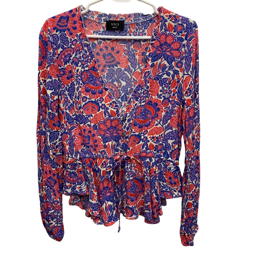 VICI Boho Floral Tie Waist Blouse Red Blue Peplum Top Small